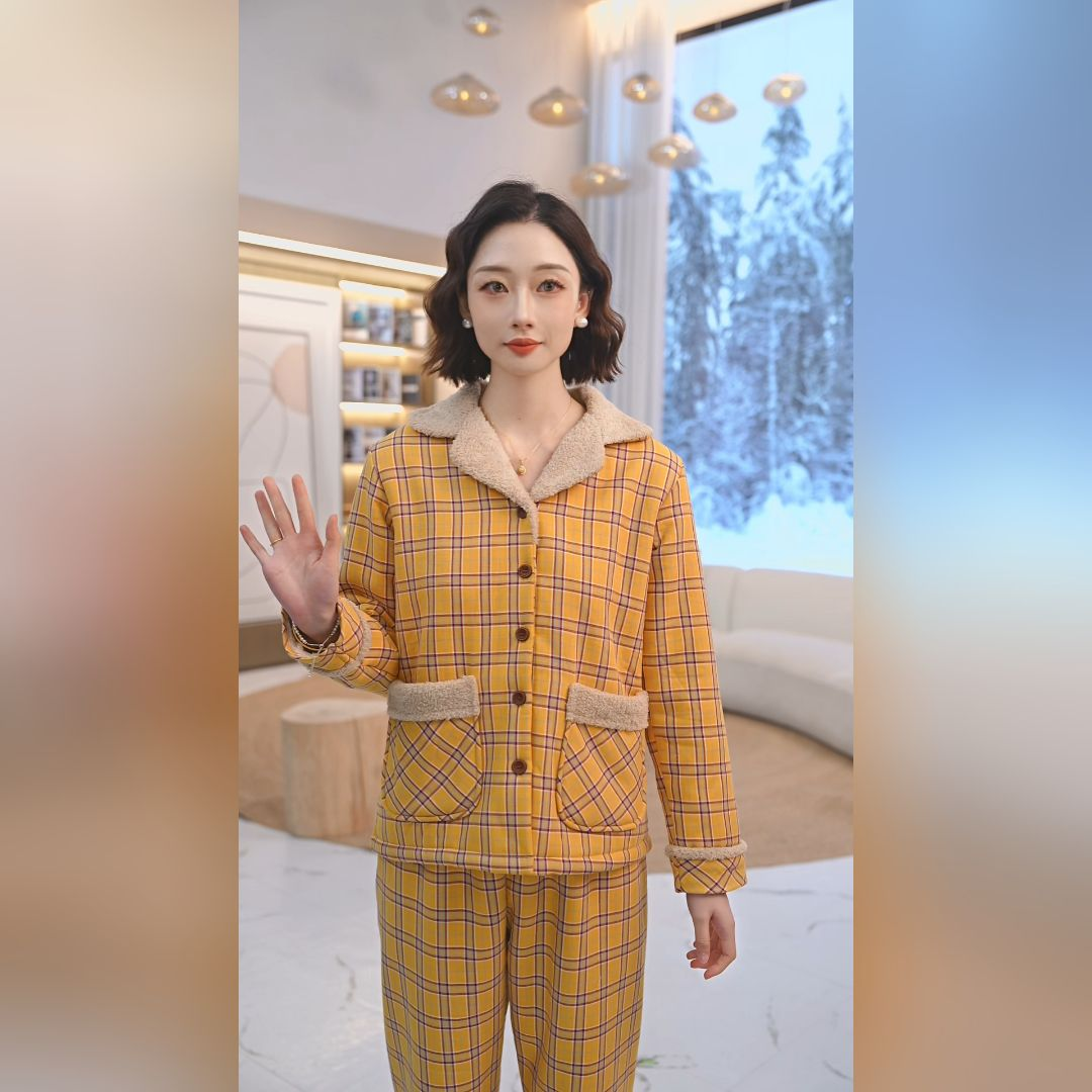 秋鹿梭织色织格复合绒国民领长抽长裤女套装家居服