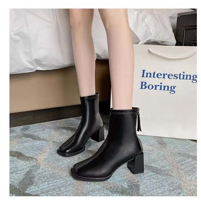 黑色【单里】D839-2方头系带短靴女鞋2025新款冬季时装短筒瘦瘦靴子