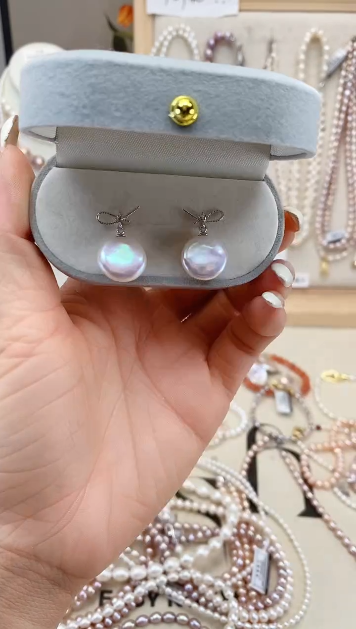 【闪购商品】淡水珍珠项链银S925镶嵌纽扣巴洛克耳钉