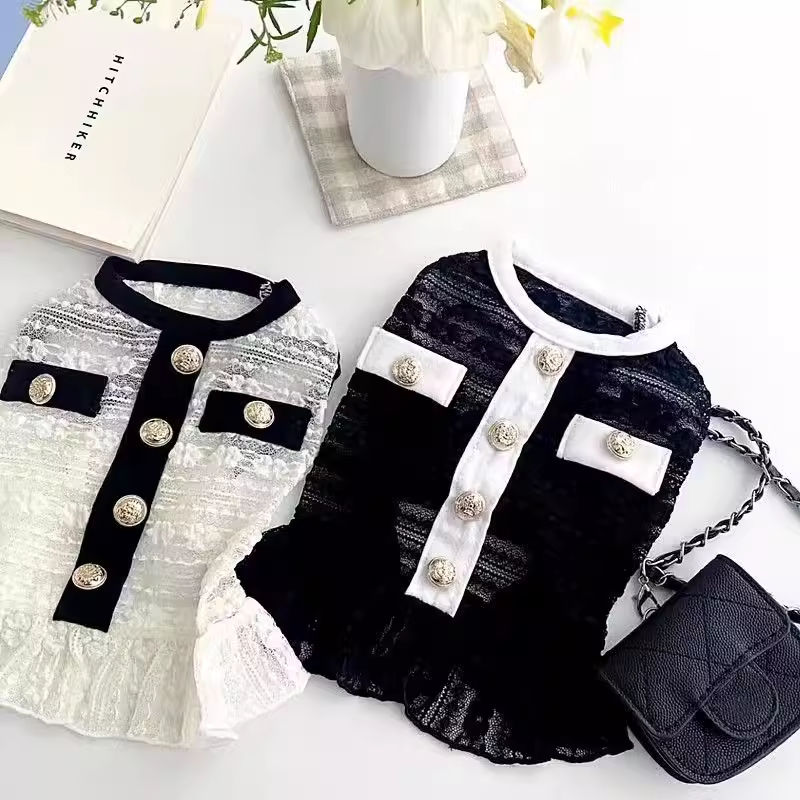 春夏季小香风镂空网纱狗狗连衣裙泰迪衣服中小型犬猫咪宠物服饰