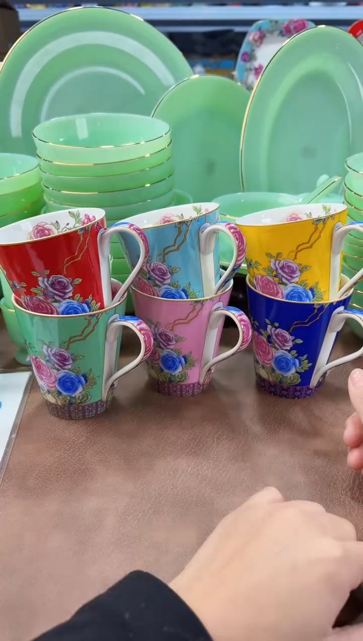 珐琅  牡丹花卉水杯6只装景德镇