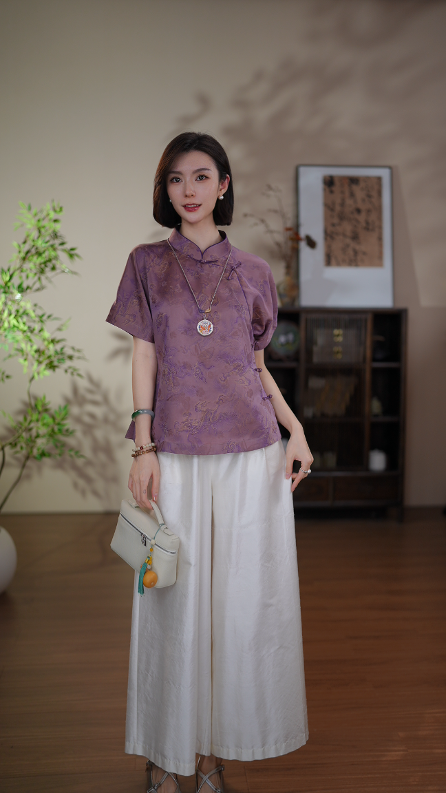 GONG QUE 新中式桑蚕丝红云纱斜襟气质短袖上衣 3382