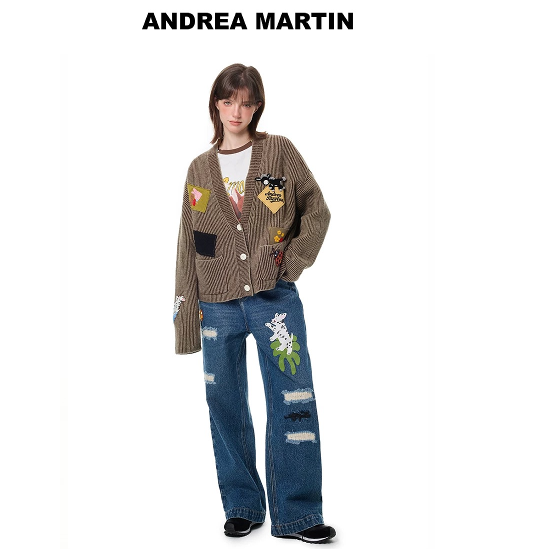 ANDREA MARTIN2025秋冬新品趣味猫爪钩织破洞牛仔裤男女宽松休闲
