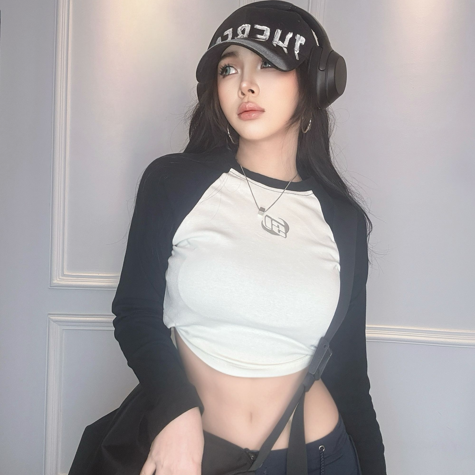 PLANET 2025美式潮流短款打底衫修身内搭高腰露脐长袖T恤上衣