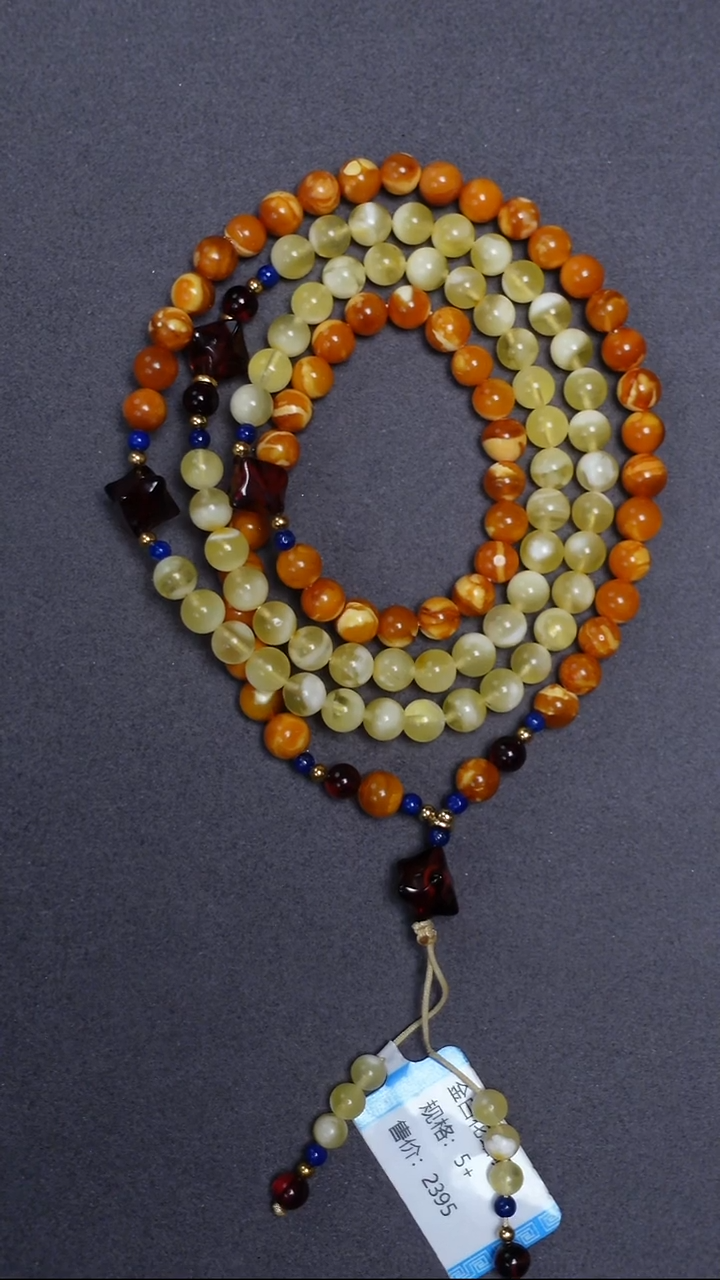 蜜蜡颈饰未镶嵌花蜡金白圆珠项链5mm