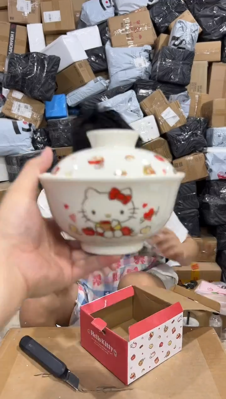 瓷片原盒kt猫带盖泡面碗