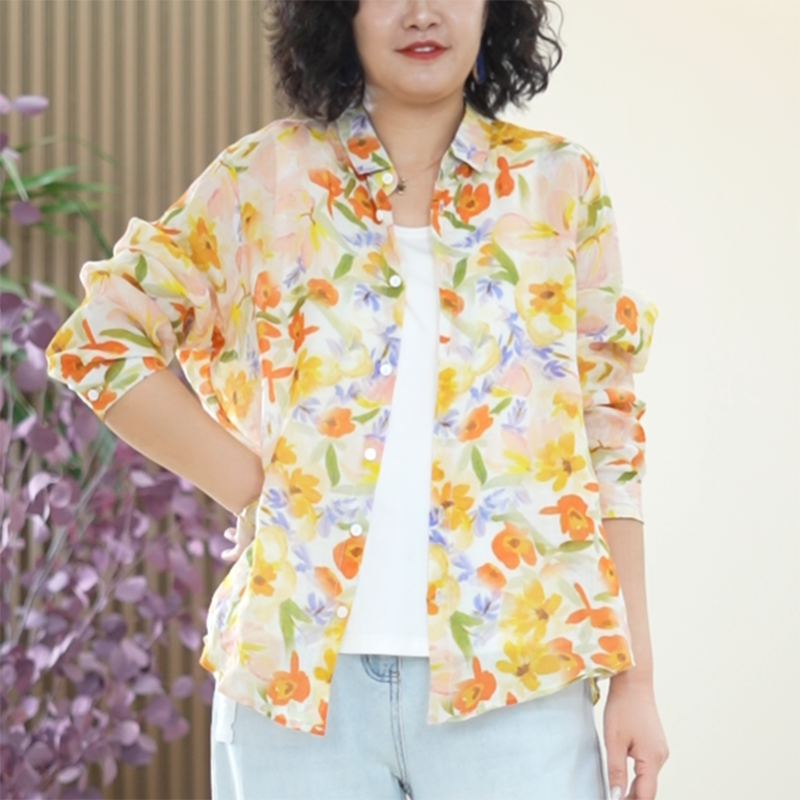 100%苎麻数码印花麻衫T恤女大码开衫亲肤透气衬衣夏季氧气衬衫