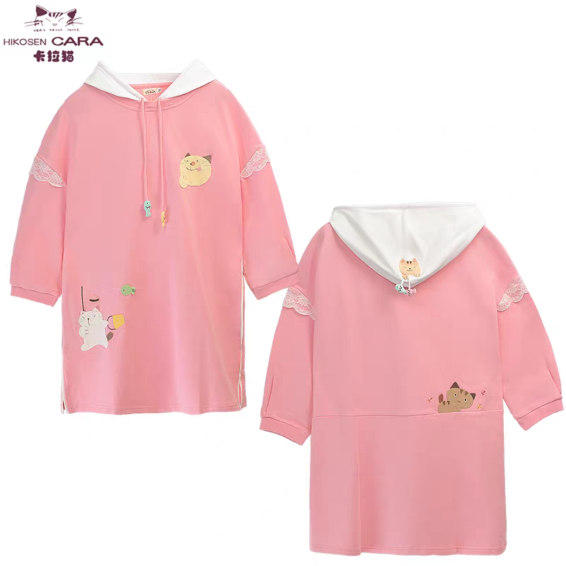 HIKOSEN CARA卡拉猫蕾丝袖帽衫长袖休闲百搭宽松连帽半袖卫衣