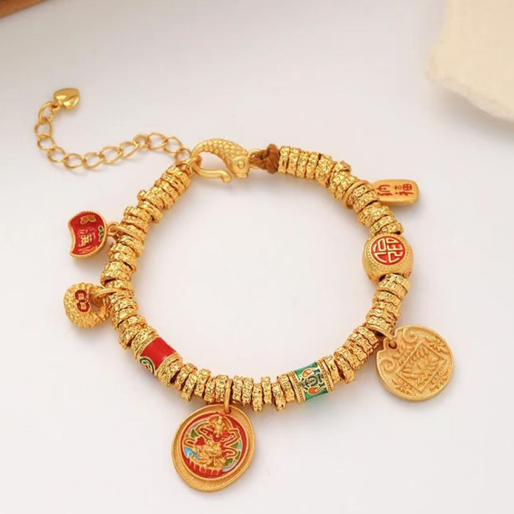 铜合金手链 铜合金手链 新中式古法黄财神吉言招财纳福盘缠手链