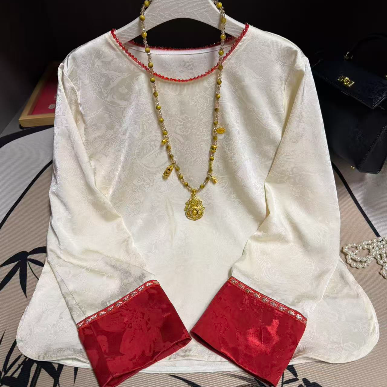 新品提花厚款长袖打底时尚唐装圆领女装上衣夏季重工春夏