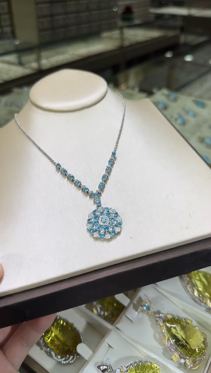 颈饰银S925镶嵌托帕石套链高级款