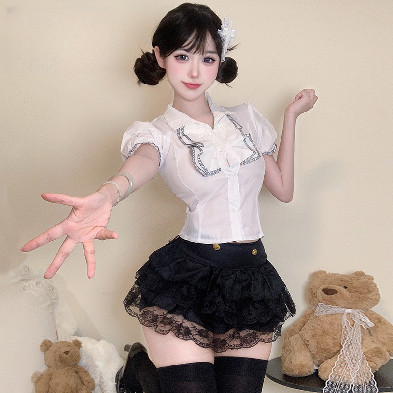 2025新款性感内衣可爱甜美少女荷叶边泡泡袖诱惑芭蕾套装短裙聚酯