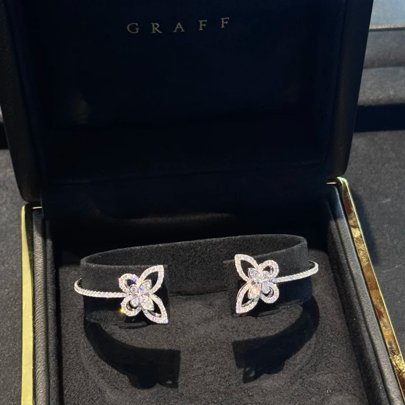 99新 Graff/格拉夫 小花柳 幻影 蝴蝶 开口手镯18K白金 满钻 M
