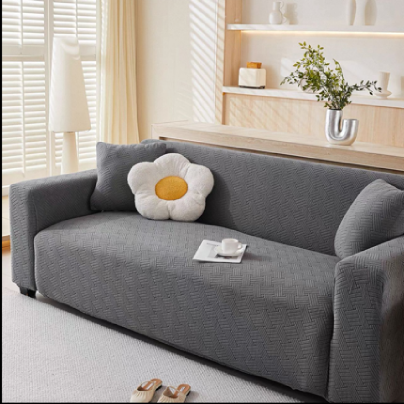 双人灰色沙发套防猫抓罩弹力全包套四季通用简约保护套发2个