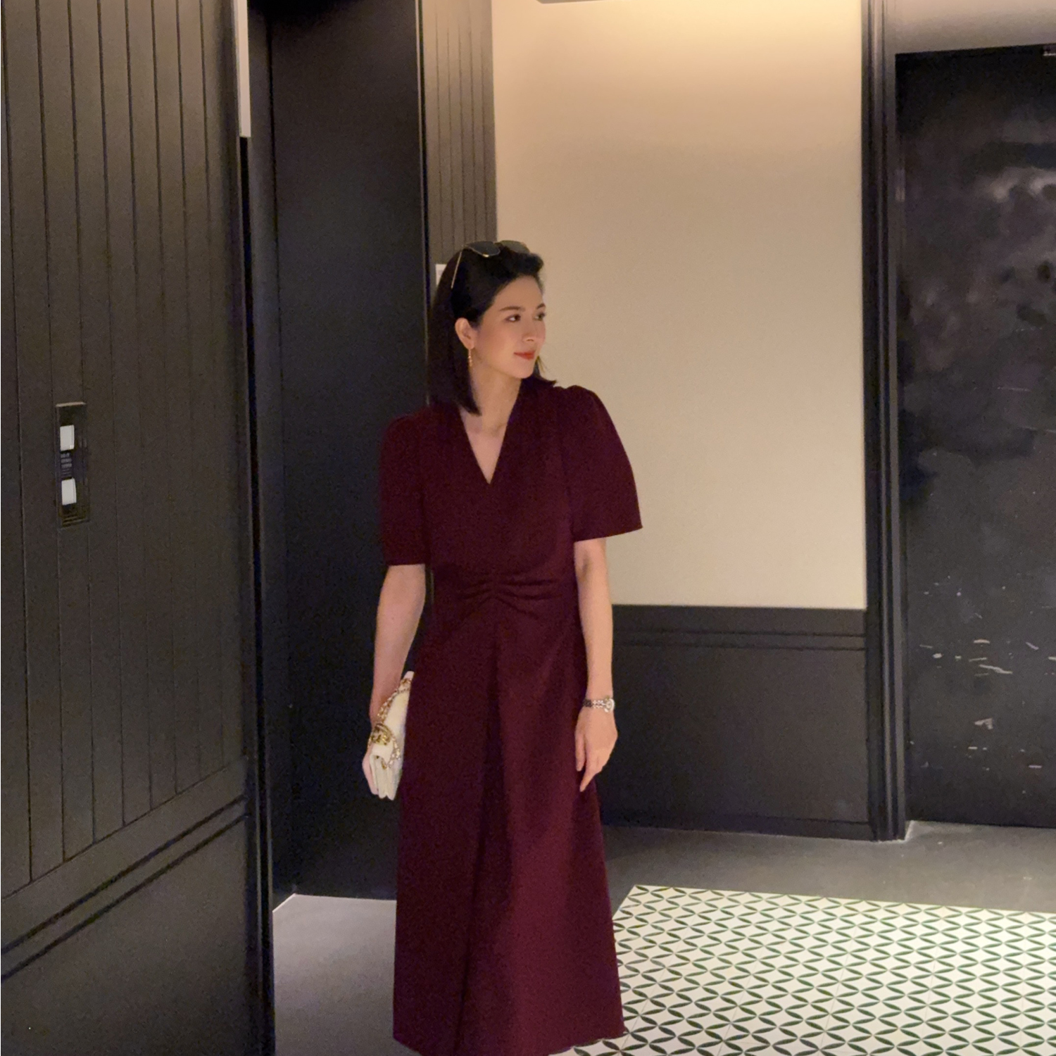 ANGELIAORIGINAL 醋酸压褶收腰显瘦25年夏季新款V领连衣裙#343