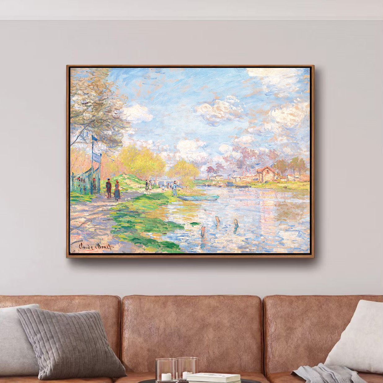 M36塞纳河畔的春天莫奈印象派风景抽象油画装饰画玄关卧室墙画