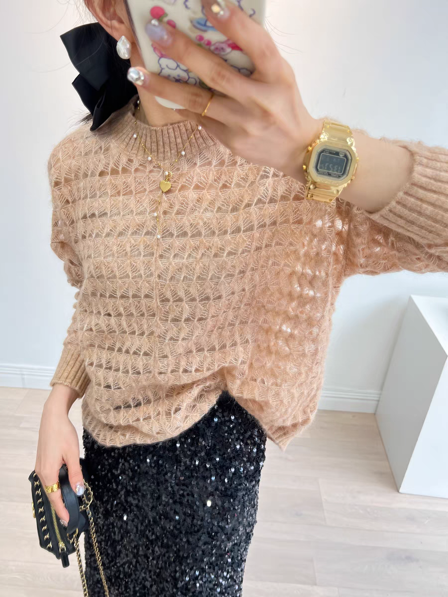 圆领纯色衫毛针织衫通勤长袖上衣不起球夏季镂空