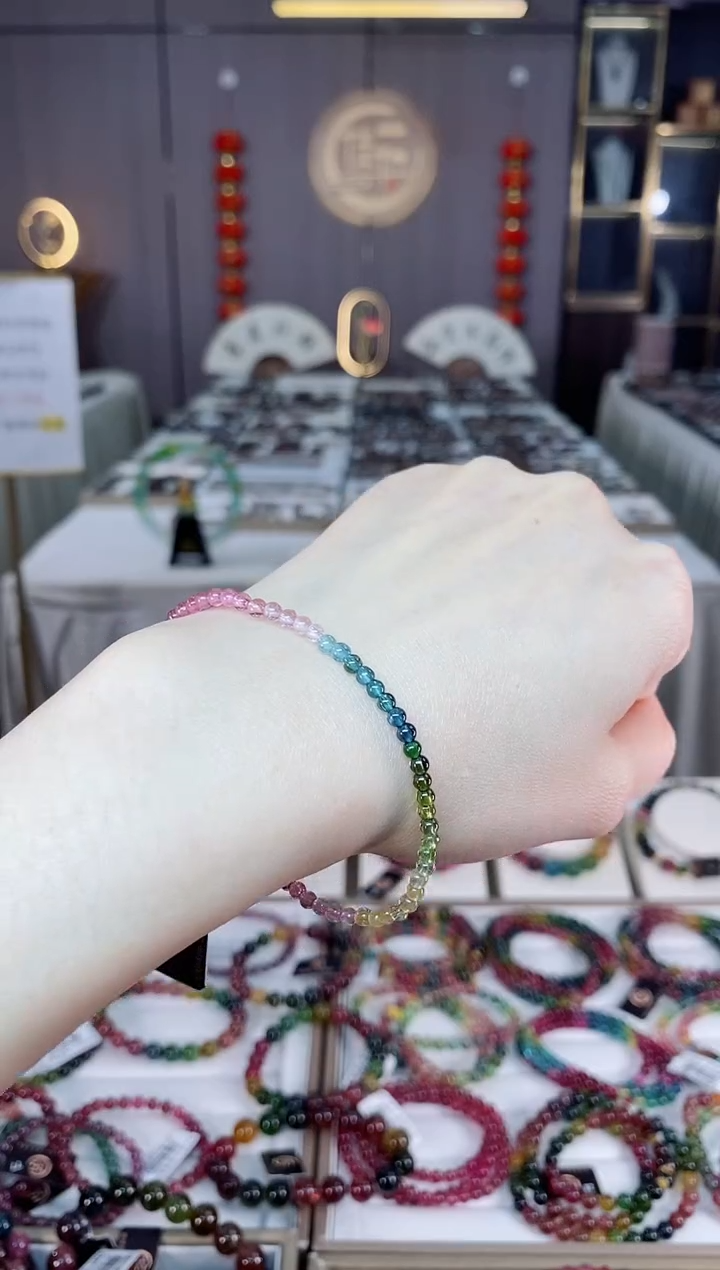 未镶嵌老矿碧玺色标彩虹净体单圈手串3mm+碧玺dan多样性发货一条