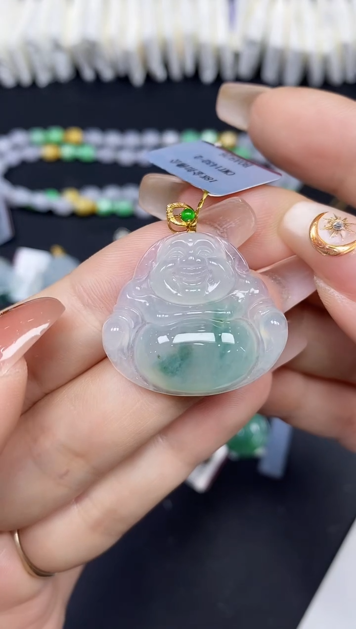吊坠(不含链)18K金镶嵌翡翠佛公18K金扣镶嵌@@CMT