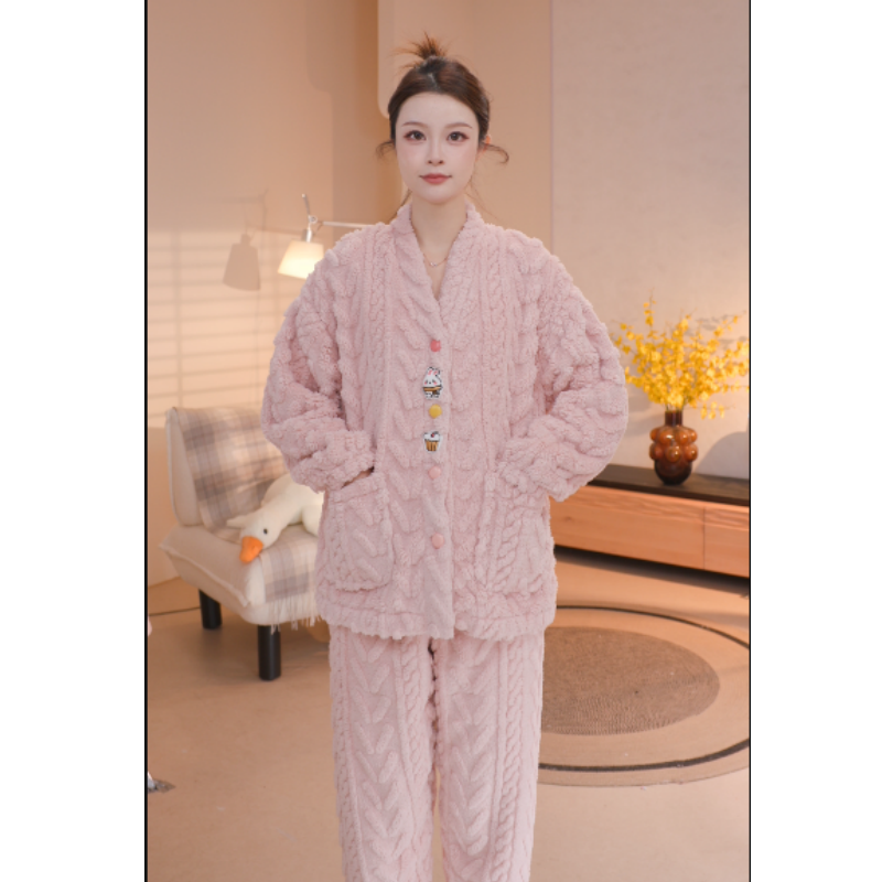 芬腾冬季V领长毛绒开衫加厚长袖家居服女士睡衣J98341301