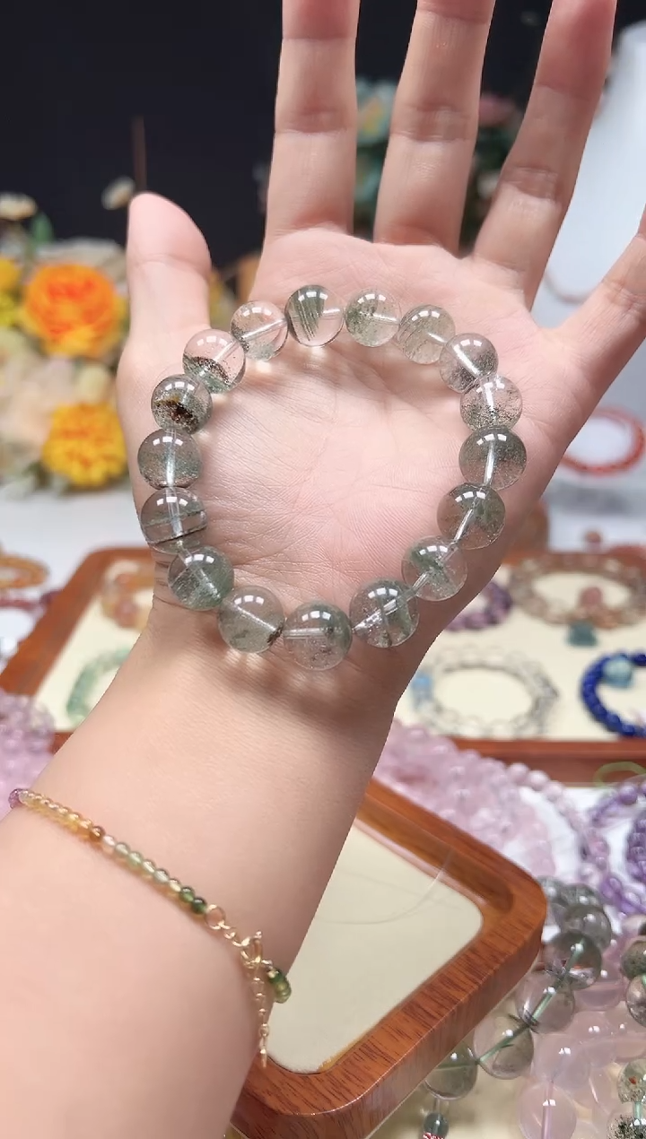 水晶手串未镶嵌天然12mm绿幽灵水晶手串