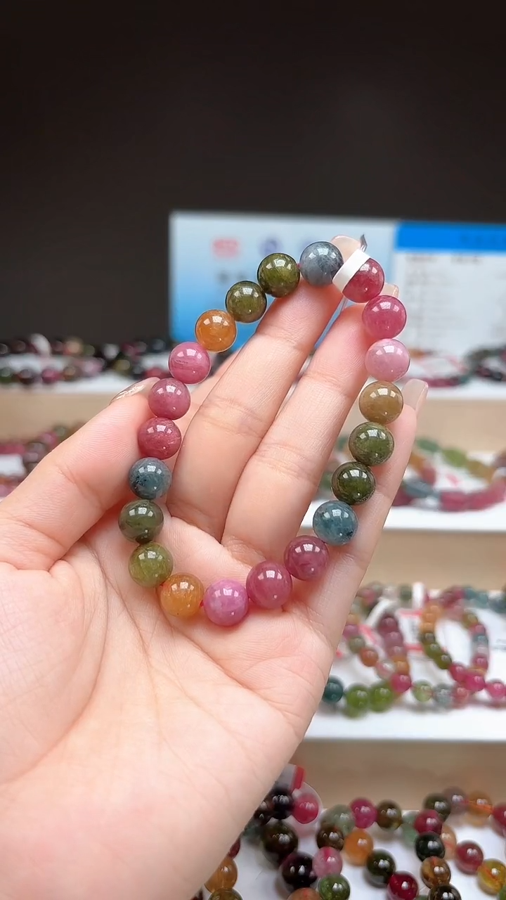 【闪购商品】碧玺手串未镶嵌9.3mm明亮彩虹色高阶油画体单圈手串