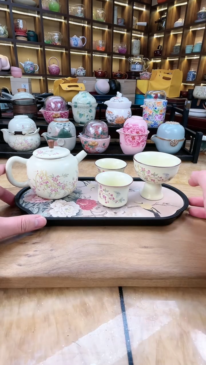 【闪购商品】其他黄汝桃花小壶1壶2竹节杯1高脚杯加牡丹盘