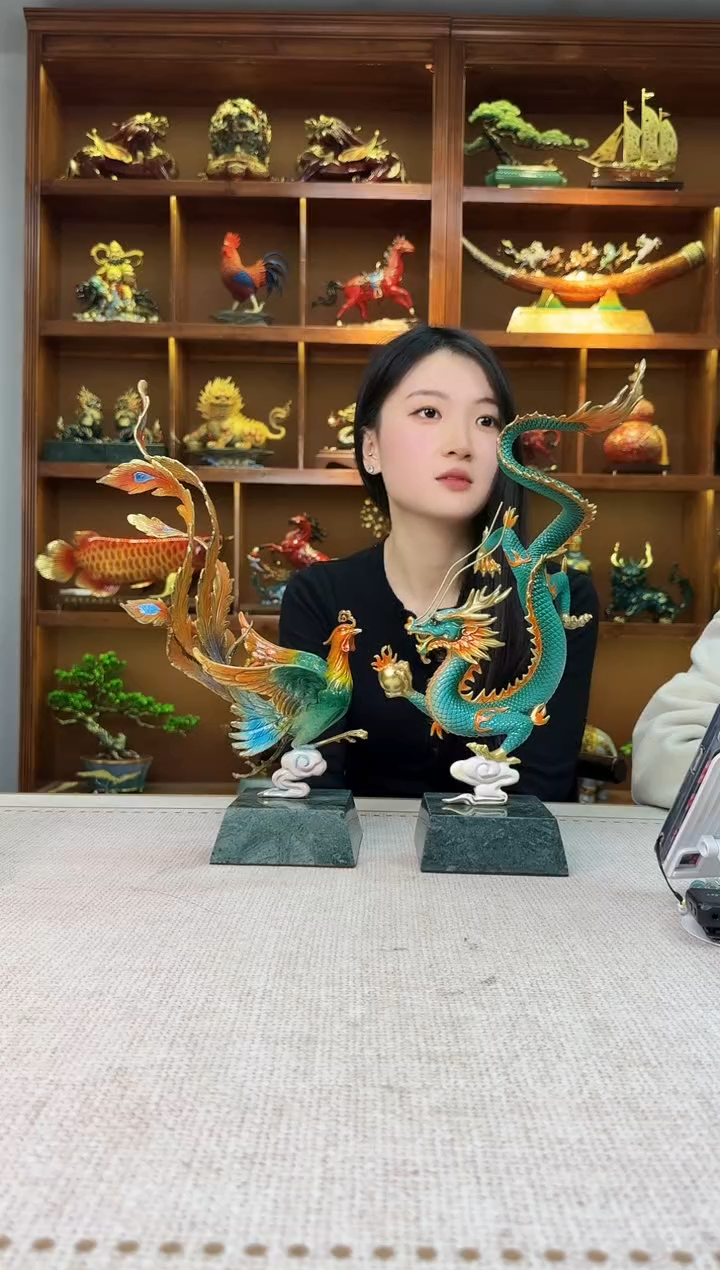 黄铜肖*战黄铜龙凤一对　高度39厘米