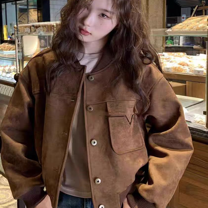 美式复古绒棒球服外套女春秋美拉德风短款小个子洋气机车夹克