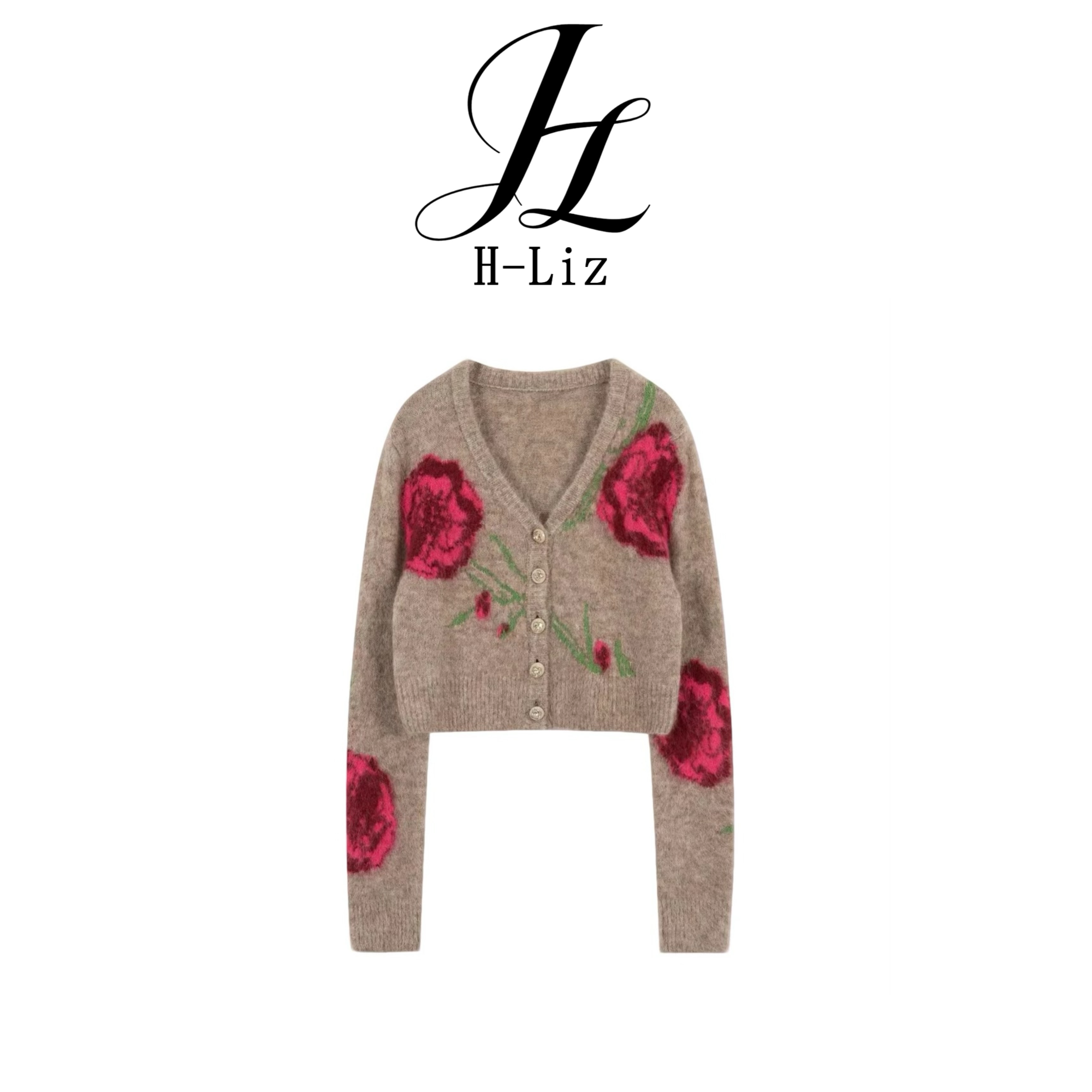 【H-Liz】秋冬新款慵懒复古气质时尚玫瑰针织开衫上衣女