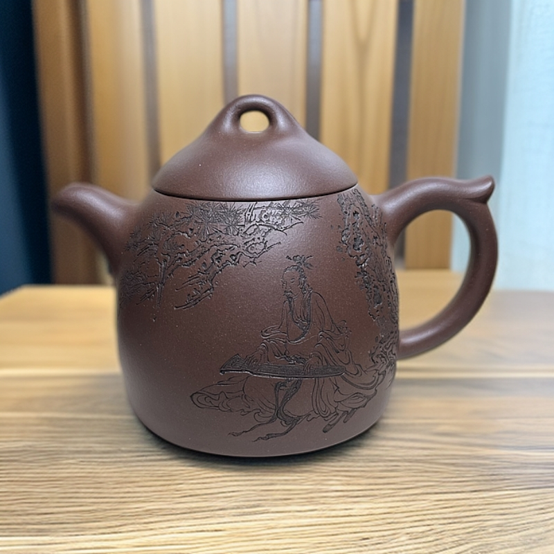 宜兴紫茄泥原矿紫砂壶一厂陈腐老紫泥精工半手刻绘秦权260毫升