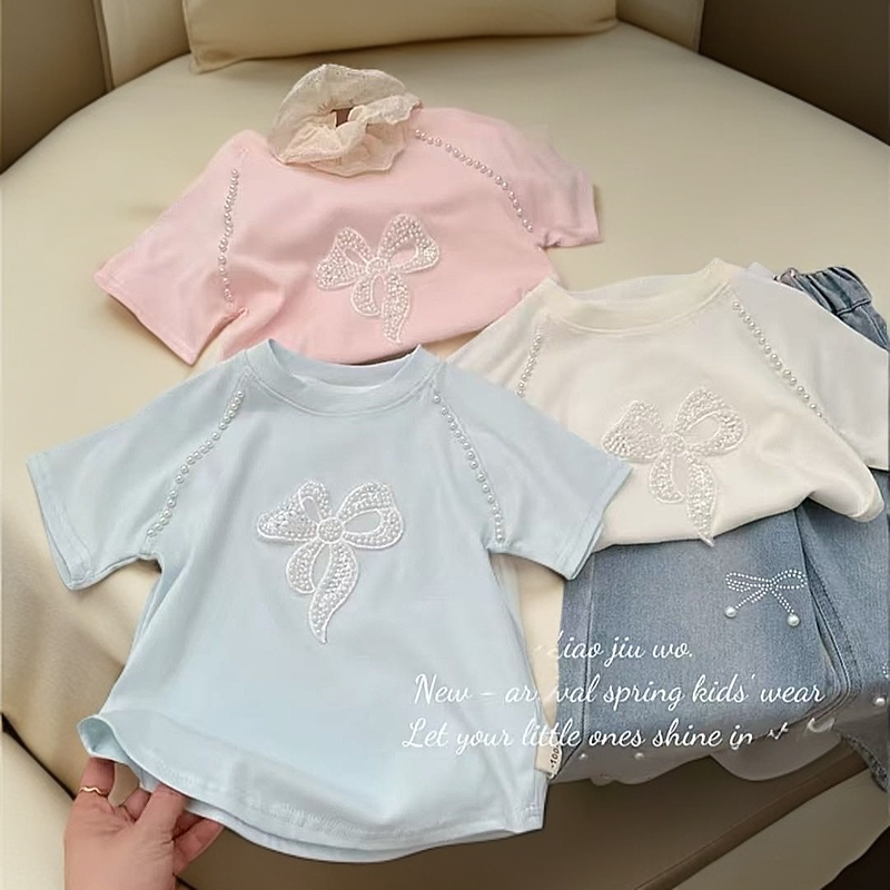 【新疆包邮】夏季新款珍珠蝴蝶结T恤J432