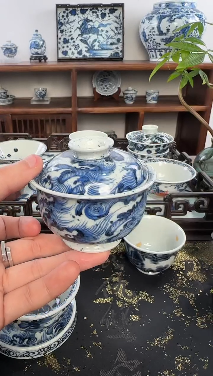 【闪购商品】摆件含真藏古撒蓝海浪小布袋盖碗