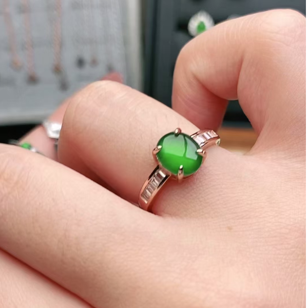 鑫辰珠宝天然A货翡翠银镶嵌设计款开口女戒指时尚百搭