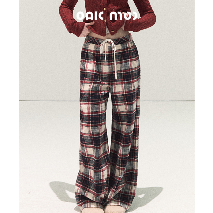 OAKMOO/浆果红丝绒蛋糕磨毛棉温暖圣诞感格子休闲裤