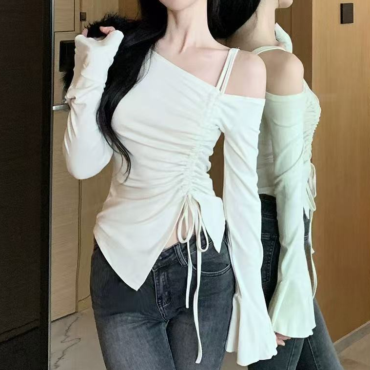 纯欲风气质设计感时尚露肩抽绳长袖T恤女秋季不规则修身收腰上衣