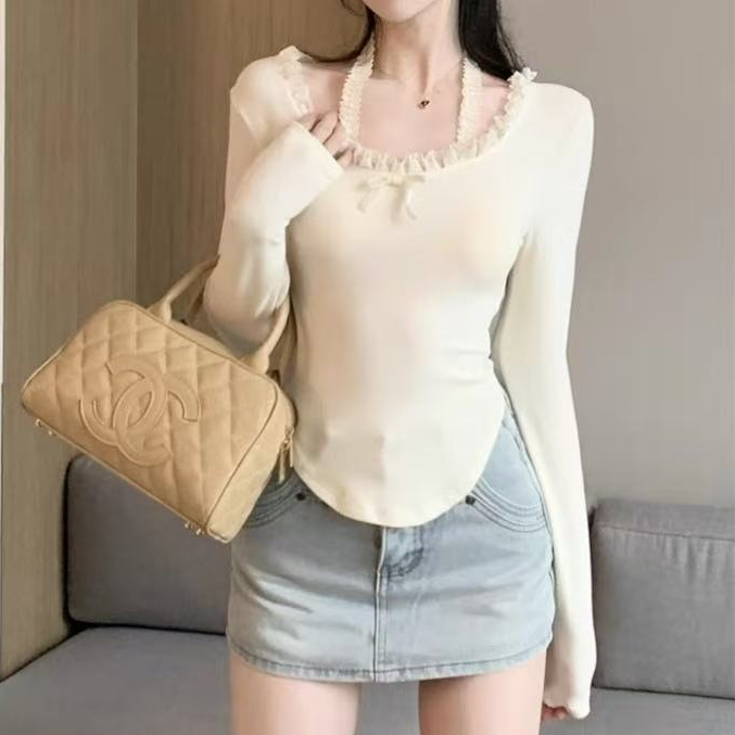 美式设计感蕾丝挂脖长袖T恤女春秋打底衫内搭高级甜辣百搭上衣