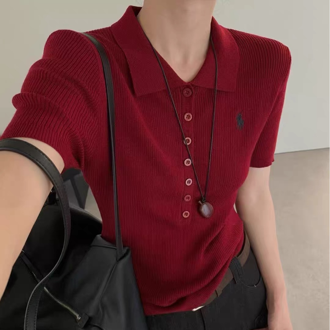 早秋设计感简约气质翻领短袖小马针织衫POLO领修身显瘦针织上衣