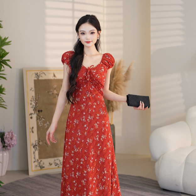 法式复古碎花长裙夏季裙子复古碎花收腰连衣裙F52FLQ178