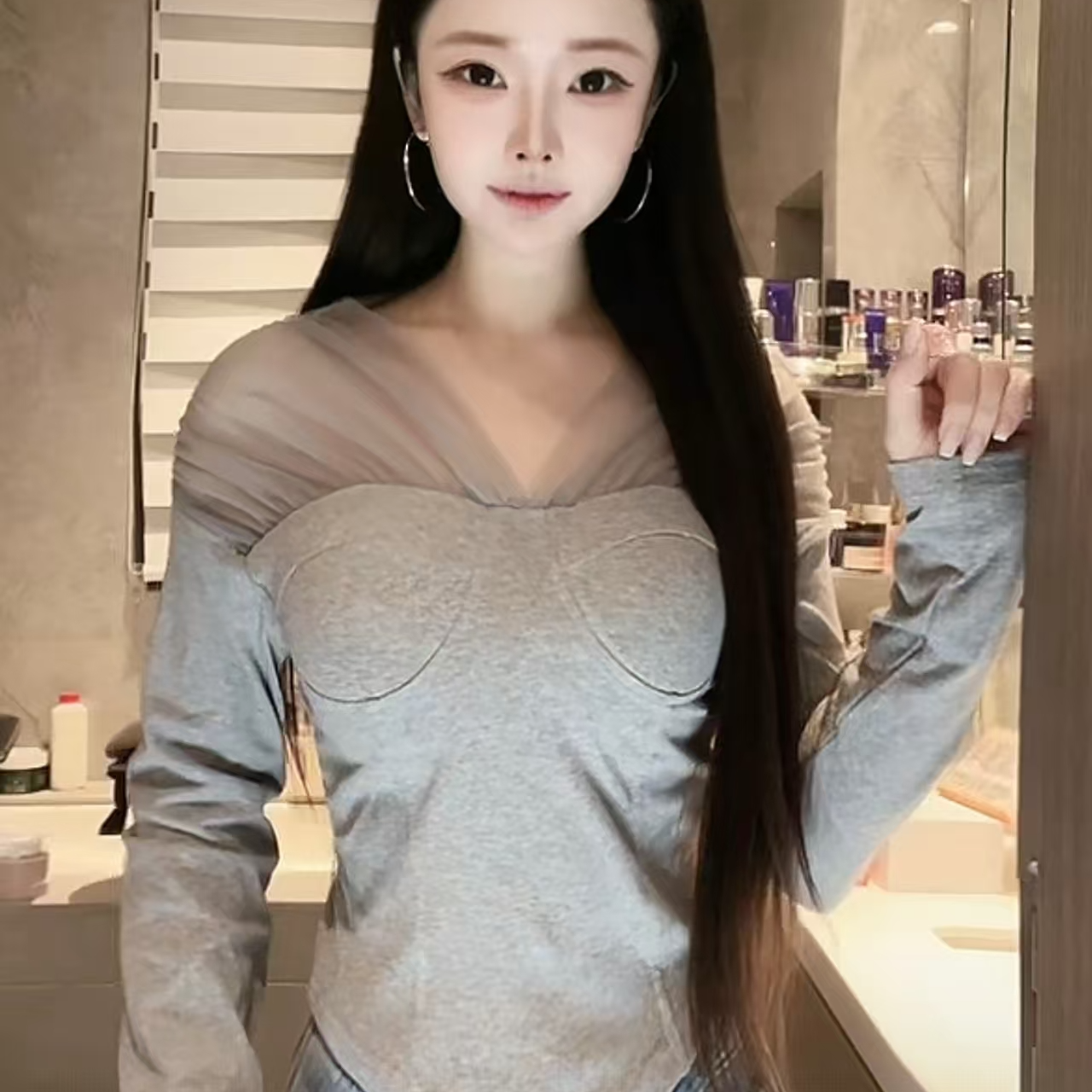 网纱拼接长袖T恤上衣 W25112902