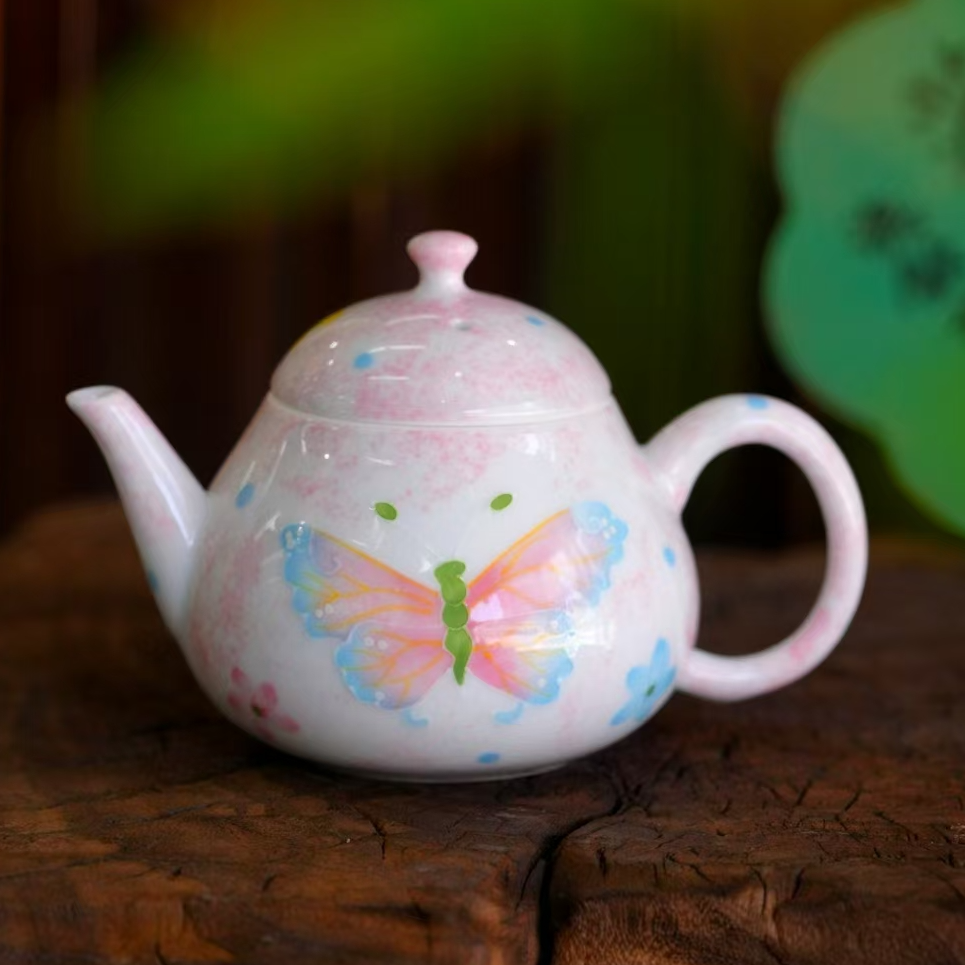 彩蝶纯手绘堆绘小清新女士功夫泡茶陶瓷茶具梨壶（150ml）