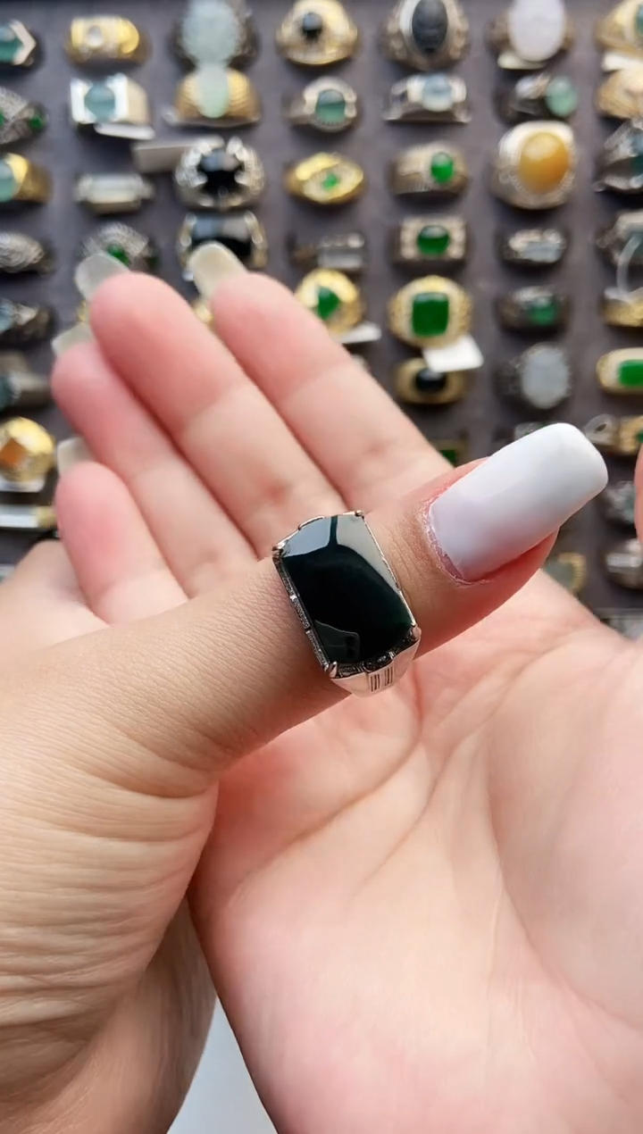 银S925镶嵌戒指翡翠?****?天然翡翠男戒