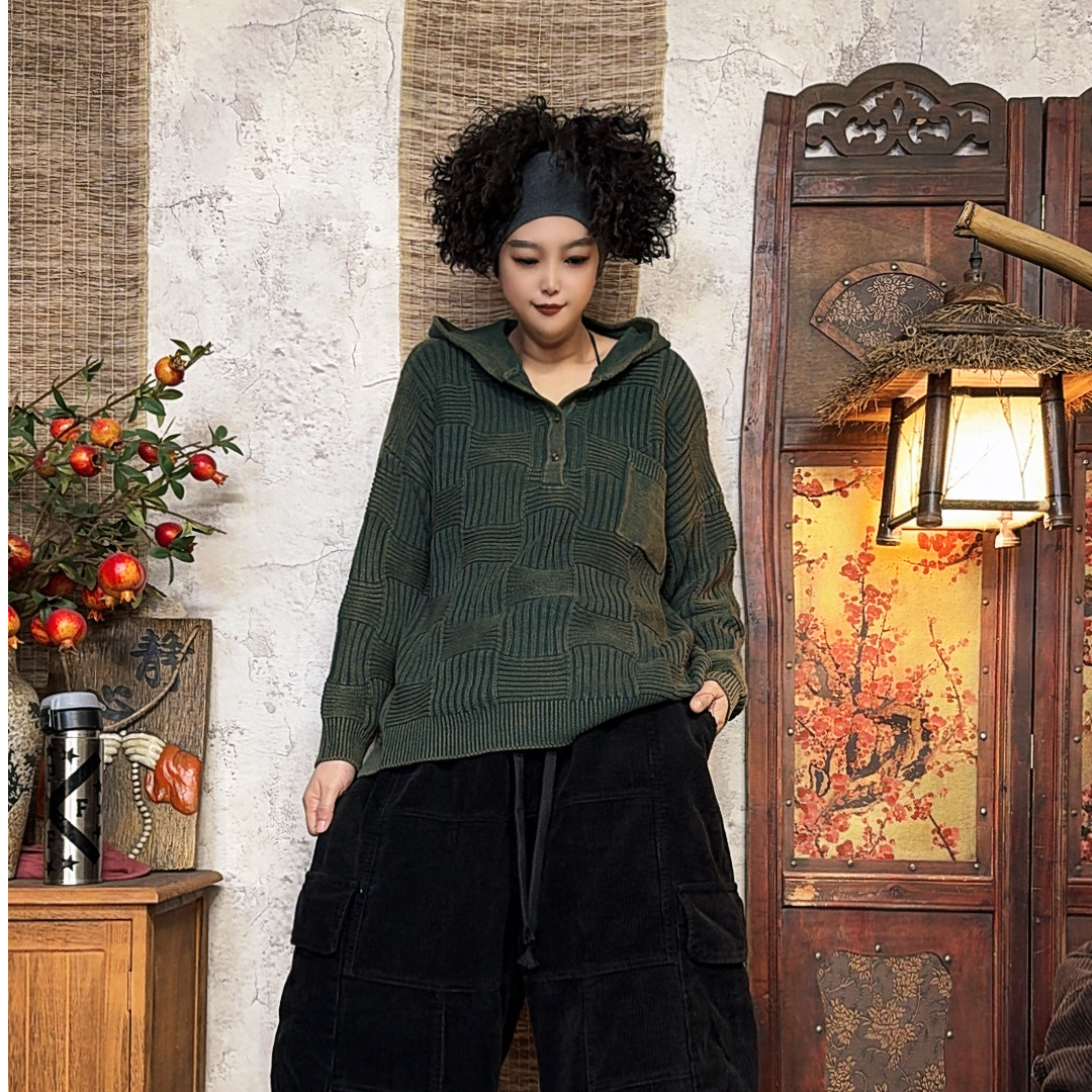 2296款春季宽松休闲时尚炒色做旧连帽欧货毛衣【衣长62胸围140】