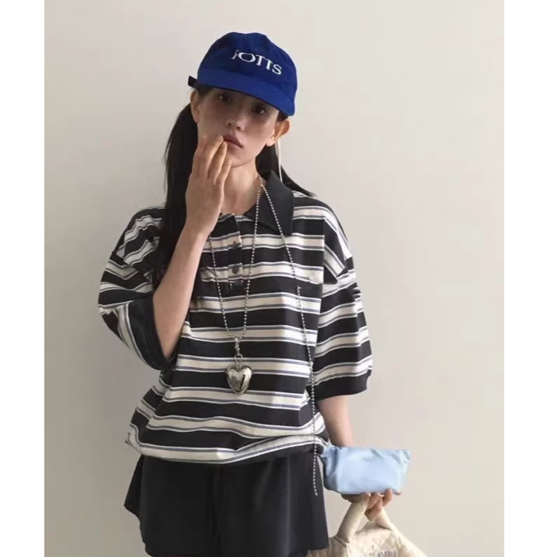 在仓！现！泡菜 by CHAPTER 经典撞色条纹POLO领短袖t恤女