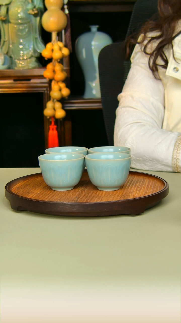 汝瓷F***F仿古莲纹杯全手工4个全手工