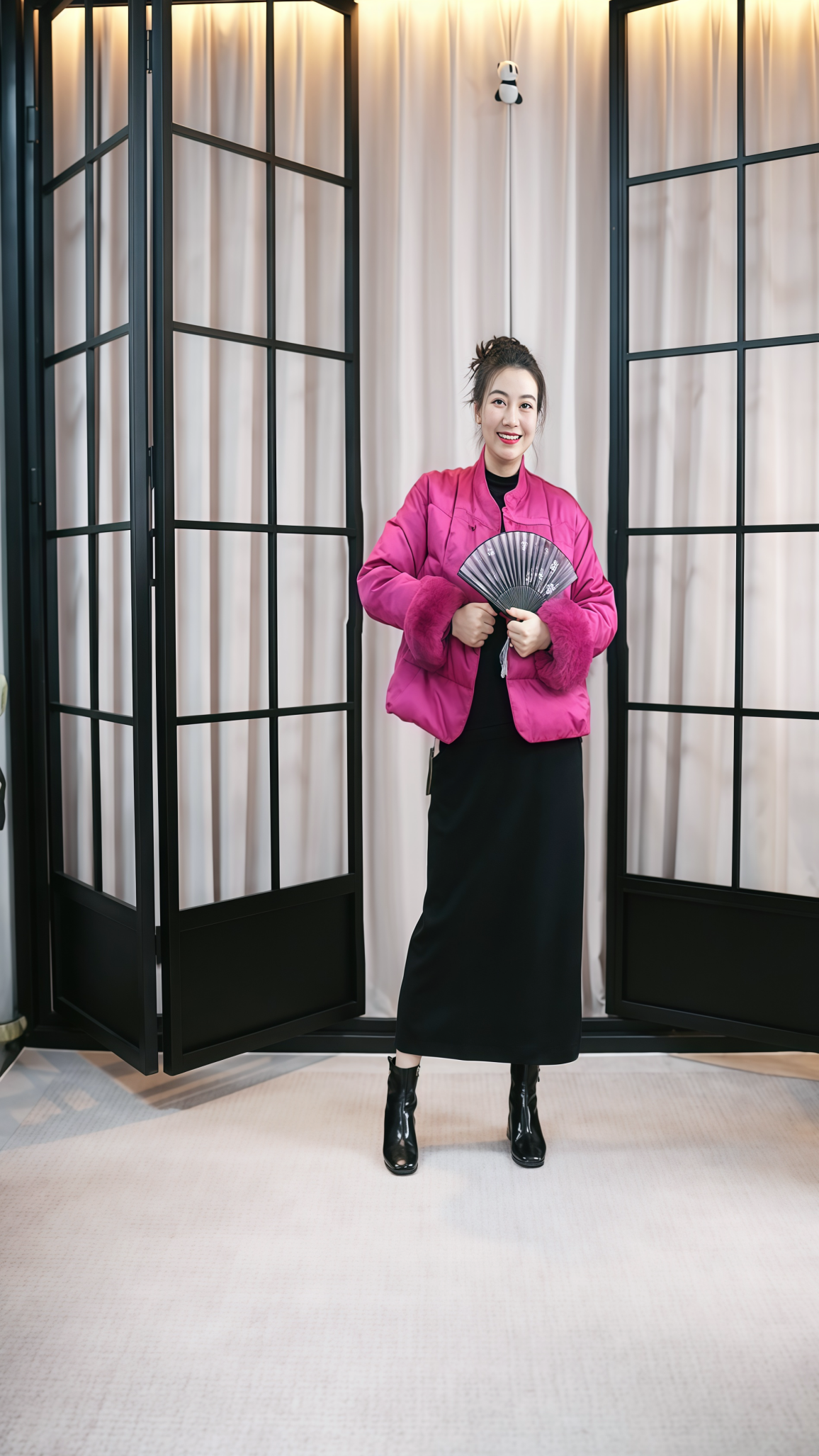 高端！新中式小立领盘扣秋冬女毛毛袖口提花厚外套88581姹紫嫣红