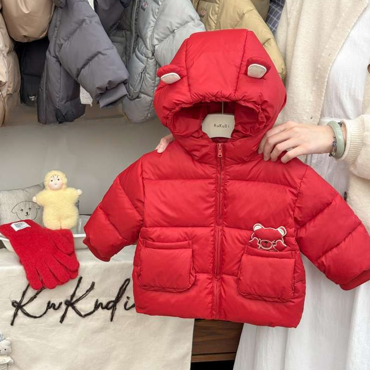 幂姐童装 儿童外套2025冬季红色年服连帽加厚上衣棉服外套