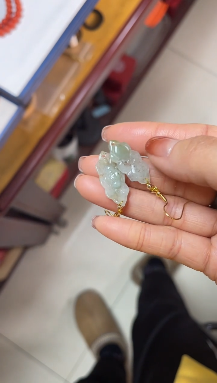 【闪购商品】翡翠耳饰银S925镀金镶嵌叶子翡翠耳钩