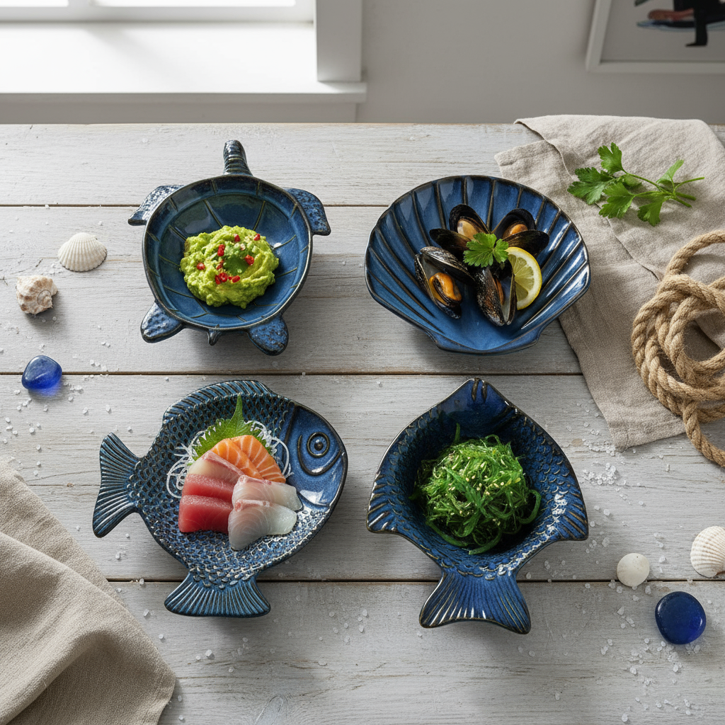 惊喜特价高货无瑕疵轻奢风创意手作网红陶瓷海洋系列之碗盘蝶套装