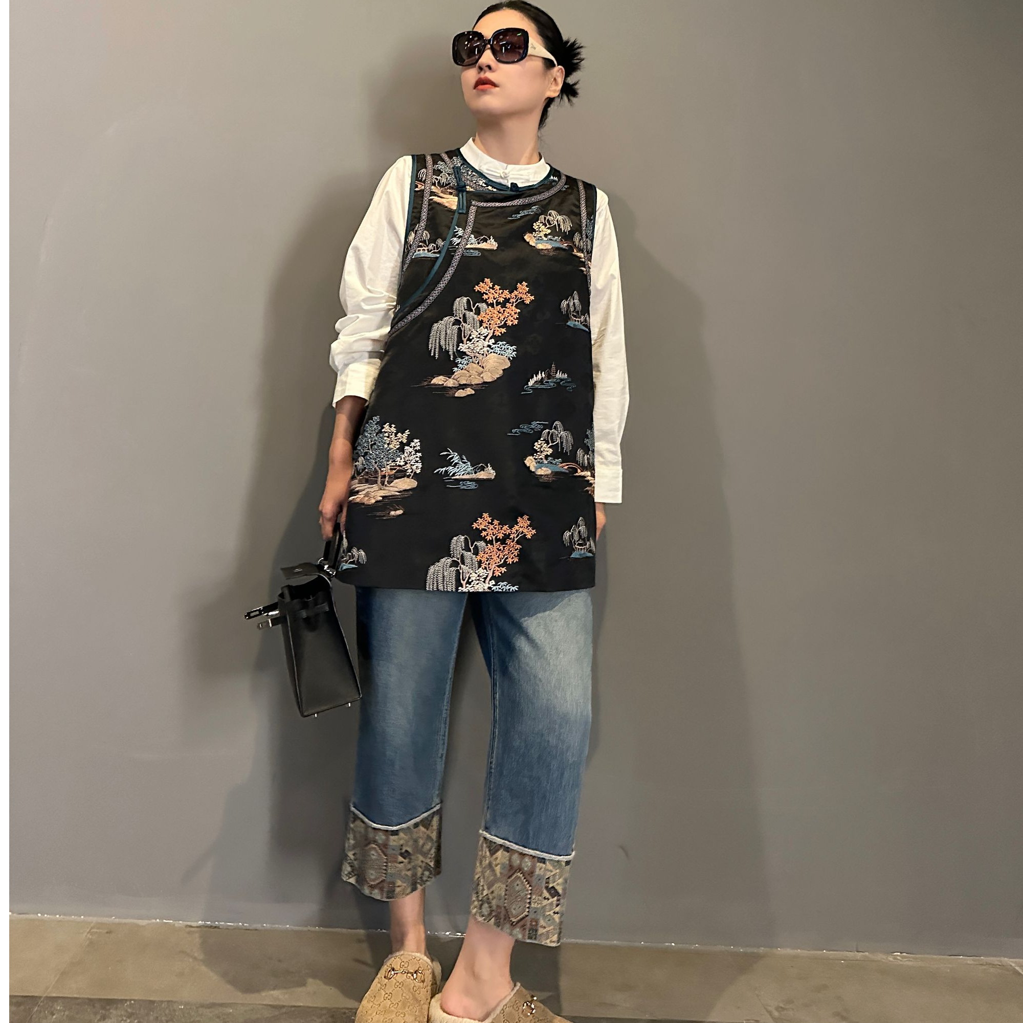 FL 3049｛写意山水｝新中式人丝如意祥云纹重工原创设计国风马甲裙